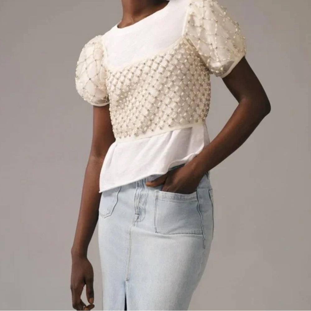 Anthropologie Maeve Sheer Pearl Rhinestone Embellished Cap-Sleeve Topper Size: - Picture 1 of 2